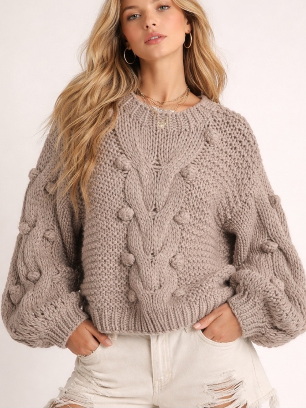 NWT Amaryllis | Taupe Cable-Bobble Chunky Knit Crewneck Sweater Size M/L